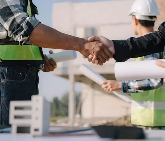 Two men shaking hands at a construction site, symbolizing a successful partnership in the construction industry.